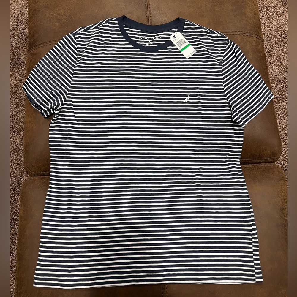 Nautica striped tee shirt navy blue white mens large short sleeve